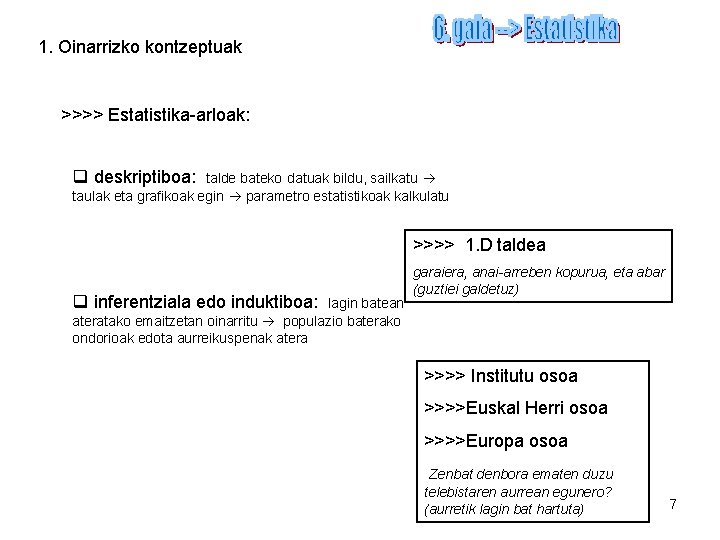 1. Oinarrizko kontzeptuak >>>> Estatistika-arloak: q deskriptiboa: talde bateko datuak bildu, sailkatu taulak eta