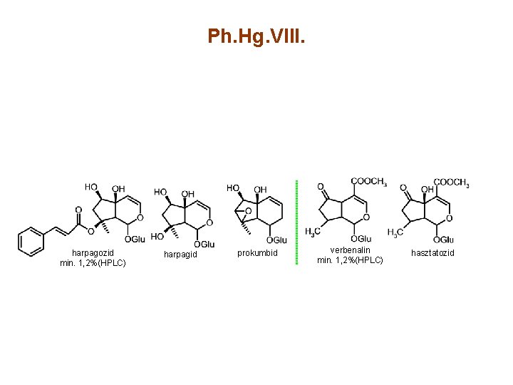 Ph. Hg. VIII. harpagozid min. 1, 2%(HPLC) harpagid prokumbid verbenalin min. 1, 2%(HPLC) hasztatozid