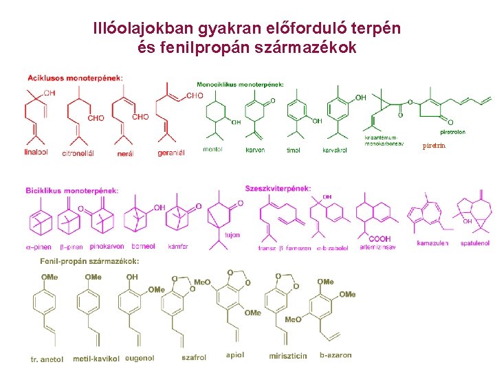 Illóolajokban gyakran előforduló terpén és fenilpropán származékok piretrin 