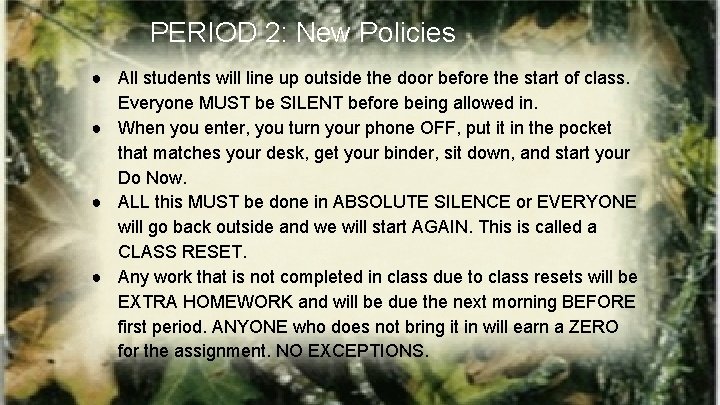 PERIOD 2: New Policies ● All students will line up outside the door before