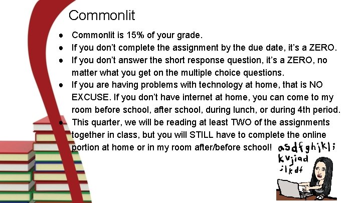 Commonlit ● Commonlit is 15% of your grade. ● If you don’t complete the