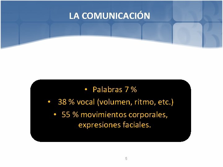 LA COMUNICACIÓN • Palabras 7 % • 38 % vocal (volumen, ritmo, etc. )