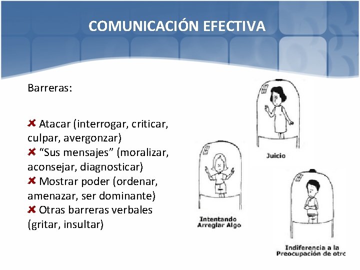 COMUNICACIÓN EFECTIVA Barreras: Atacar (interrogar, criticar, culpar, avergonzar) “Sus mensajes” (moralizar, aconsejar, diagnosticar) Mostrar