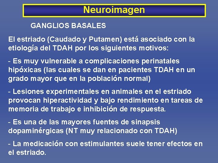 Neuroimagen GANGLIOS BASALES El estriado (Caudado y Putamen) está asociado con la etiología del