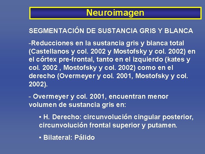 Neuroimagen SEGMENTACIÓN DE SUSTANCIA GRIS Y BLANCA -Reducciones en la sustancia gris y blanca