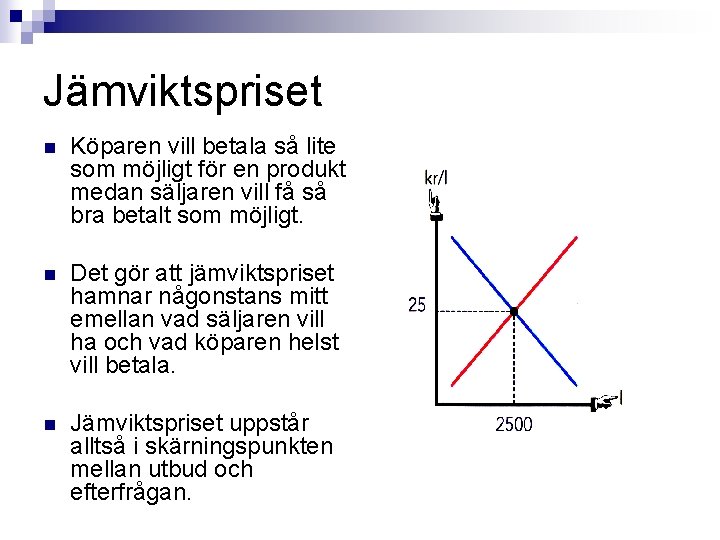 Jämviktspriset n Köparen vill betala så lite som möjligt för en produkt medan säljaren