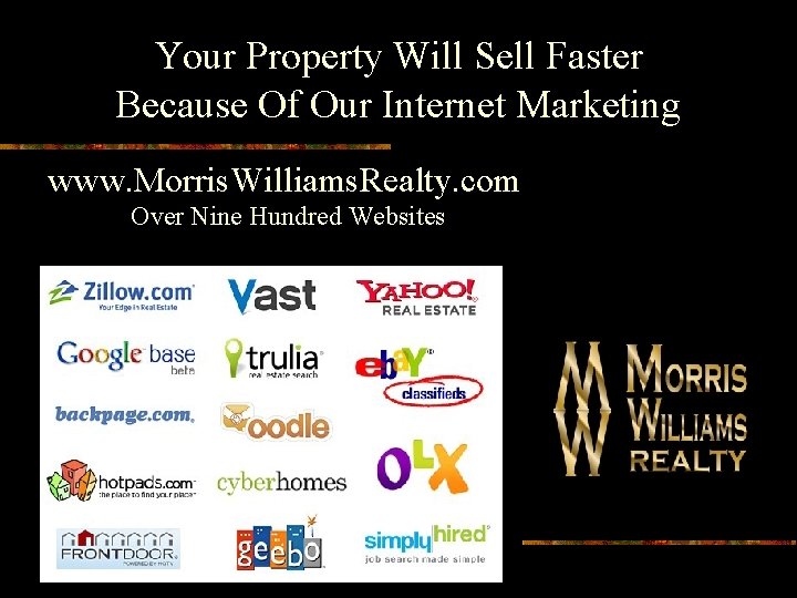 Your Property Will Sell Faster Because Of Our Internet Marketing www. Morris. Williams. Realty.
