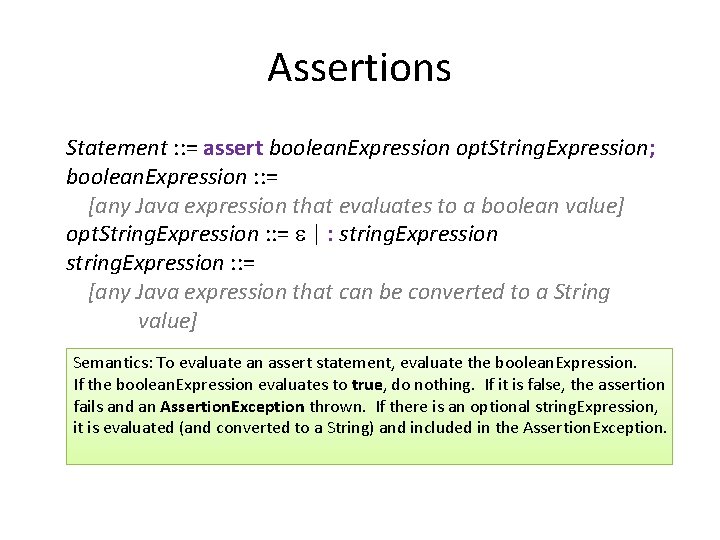 Assertions Statement : : = assert boolean. Expression opt. String. Expression; boolean. Expression :