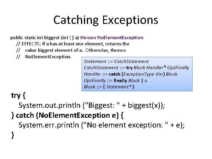 Catching Exceptions public static int biggest (int [ ] a) throws No. Element. Exception