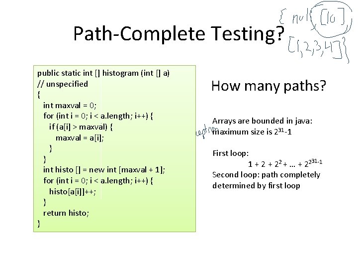 Path-Complete Testing? public static int [] histogram (int [] a) // unspecified { int