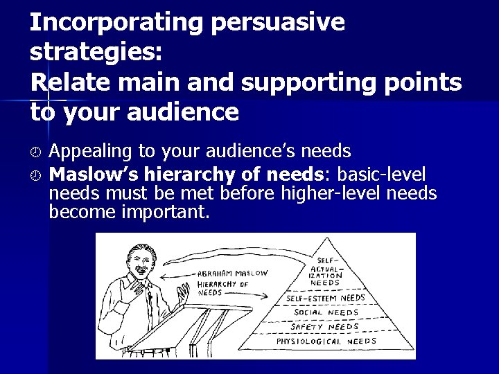 Incorporating persuasive strategies: Relate main and supporting points to your audience Appealing to your