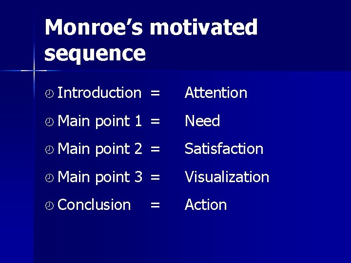 Monroe’s motivated sequence ¾ Introduction = Attention ¾ Main point 1 = Need ¾