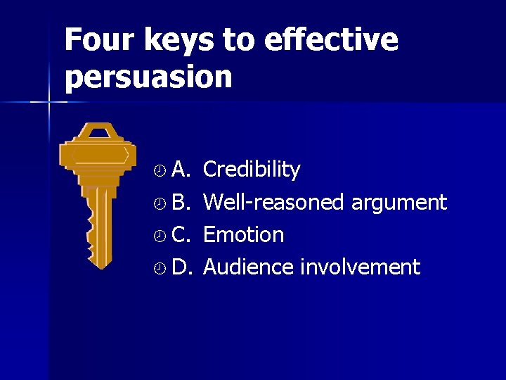 Four keys to effective persuasion ¾ A. ¾ B. ¾ C. ¾ D. Credibility