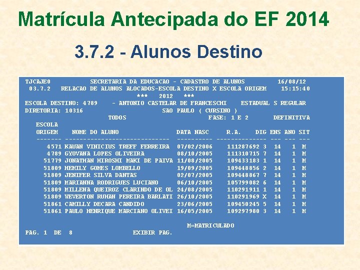 Matrícula Antecipada do EF 2014 3. 7. 2 - Alunos Destino TJCAJE 0 03.