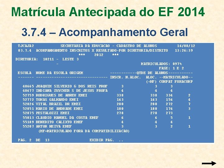Matrícula Antecipada do EF 2014 3. 7. 4 – Acompanhamento Geral TJCAJA 2 SECRETARIA