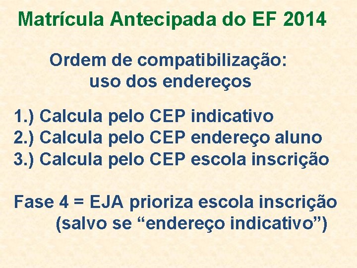 Matrícula Antecipada do EF 2014 Ordem de compatibilização: uso dos endereços 1. ) Calcula