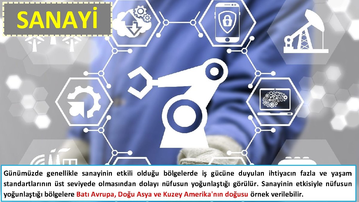 SANAYİ Günümüzde genellikle sanayinin etkili olduğu bölgelerde iş gücüne duyulan ihtiyacın fazla ve yaşam