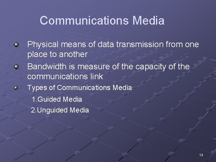 Communications Media Physical means of data transmission from one place to another Bandwidth is