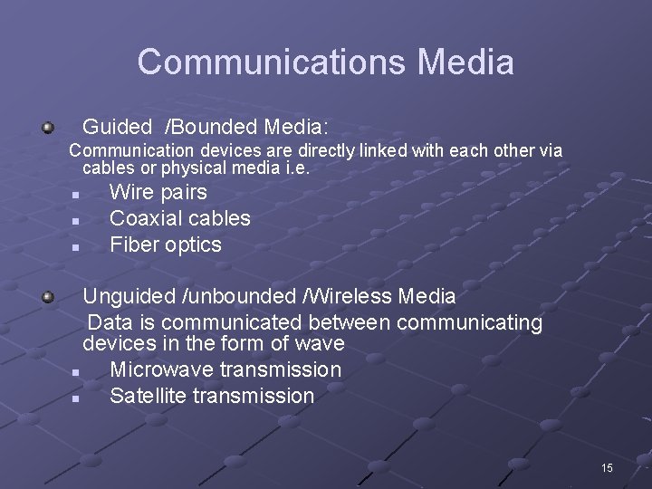 Communications Media Guided /Bounded Media: Communication devices are directly linked with each other via