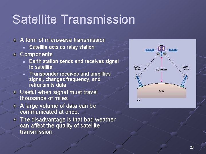 Satellite Transmission A form of microwave transmission n Satellite acts as relay station Components