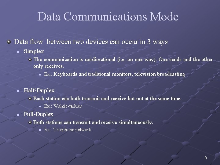 Data Communications Mode Data flow between two devices can occur in 3 ways n