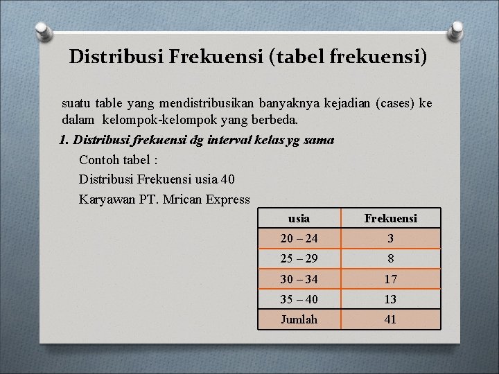 Distribusi Frekuensi (tabel frekuensi) suatu table yang mendistribusikan banyaknya kejadian (cases) ke dalam kelompok-kelompok