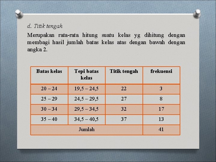 d. Titik tengah Merupakan rata-rata hitung suatu kelas yg dihitung dengan membagi hasil jumlah