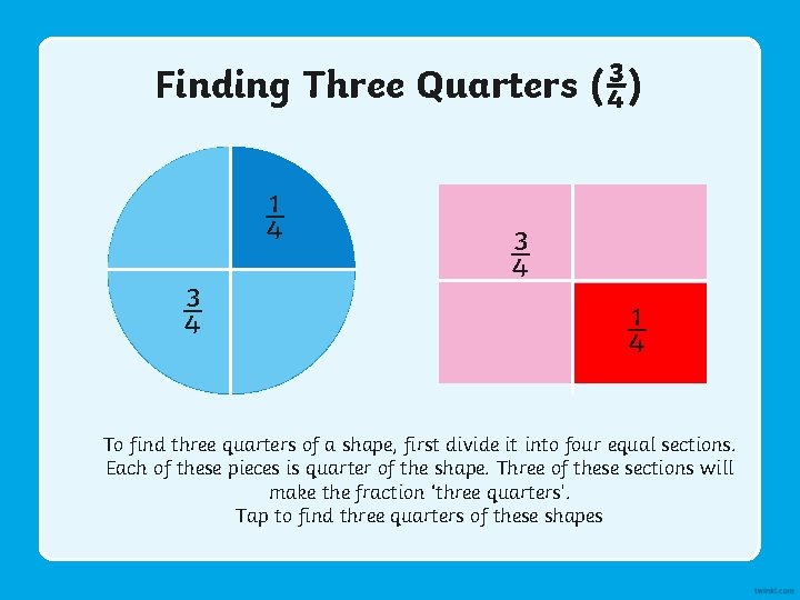 Finding Three Quarters (¾) ¼ ¾ ¾ ¼ To find three quarters of a