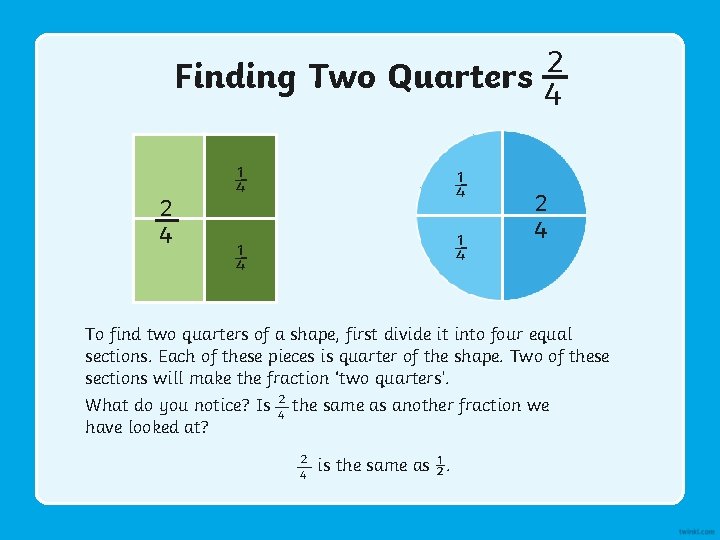 2 Finding Two Quarters 4 2 4 ¼ ¼ 2 4 To find two