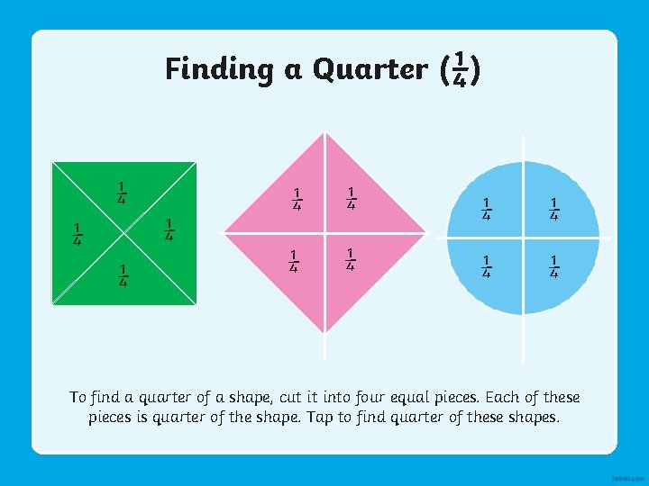 Finding a Quarter (¼) ¼ ¼ ¼ To find a quarter of a shape,