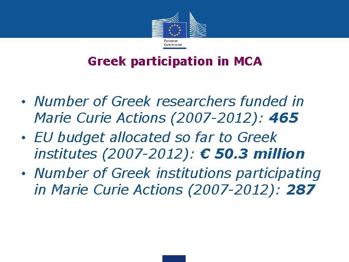 Greek participation in MCA • Number of Greek researchers funded in Marie Curie Actions
