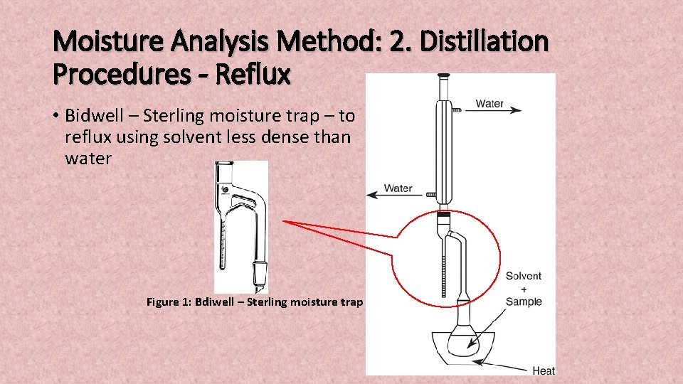 Moisture Analysis Method: 2. Distillation Procedures - Reflux • Bidwell – Sterling moisture trap Moisture Analysis Method: 2. Distillation Procedures - Reflux • Bidwell – Sterling moisture trap