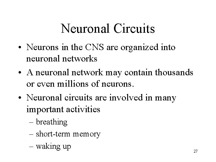 Neuronal Circuits • Neurons in the CNS are organized into neuronal networks • A