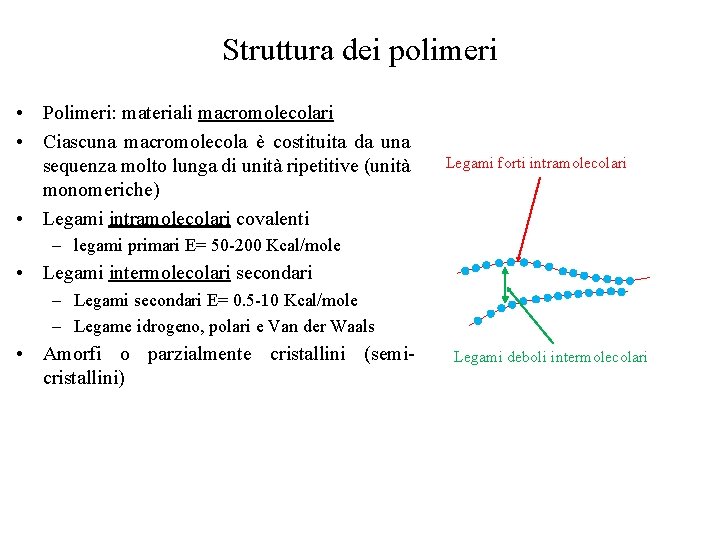 Struttura dei polimeri • Polimeri: materiali macromolecolari • Ciascuna macromolecola è costituita da una