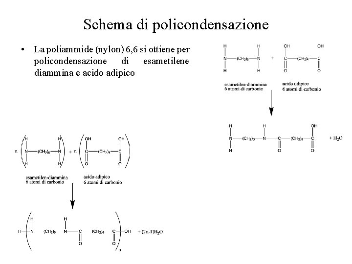 Schema di policondensazione • La poliammide (nylon) 6, 6 si ottiene per policondensazione di