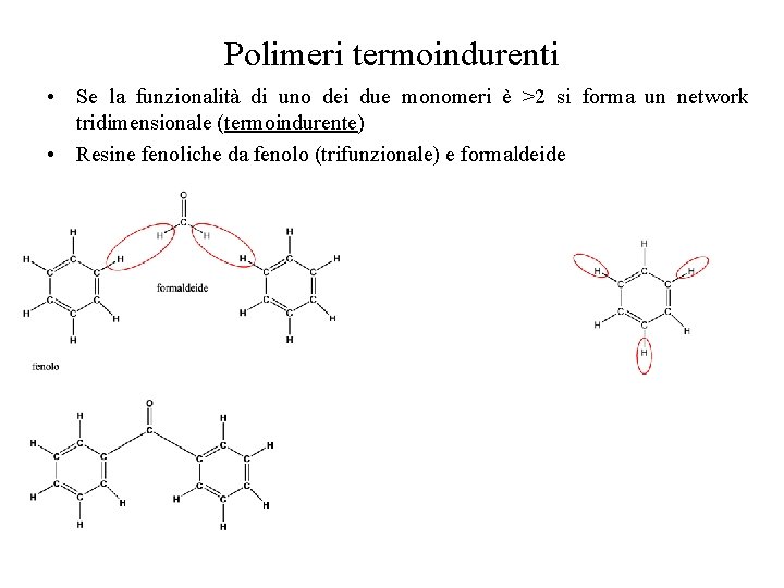 Polimeri termoindurenti • Se la funzionalità di uno dei due monomeri è >2 si