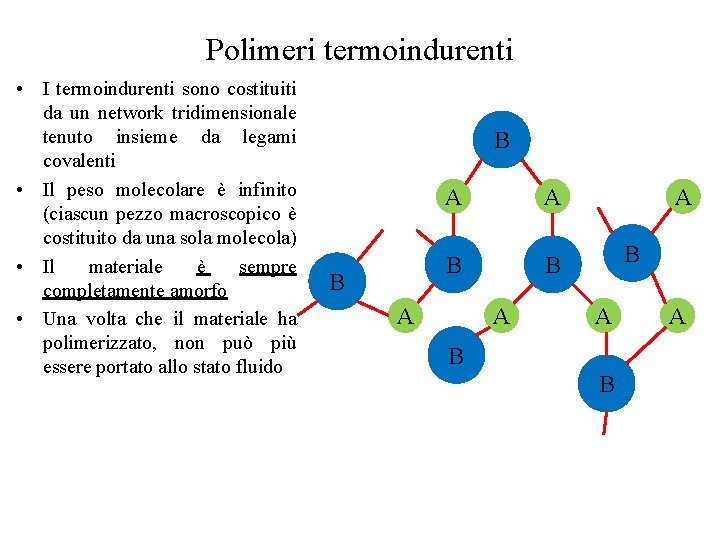 Polimeri termoindurenti • I termoindurenti sono costituiti da un network tridimensionale tenuto insieme da