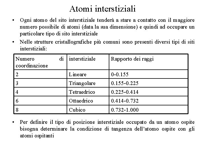 Atomi interstiziali • Ogni atomo del sito interstiziale tenderà a stare a contatto con