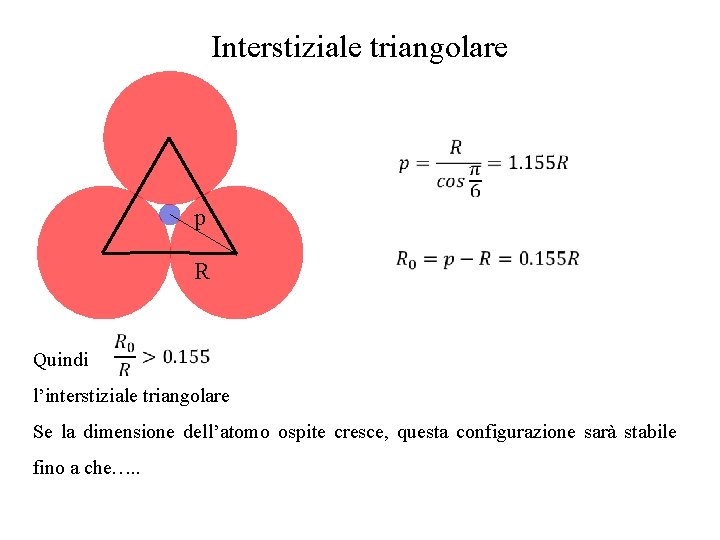 Interstiziale triangolare p R Quindi l’interstiziale triangolare Se la dimensione dell’atomo ospite cresce, questa
