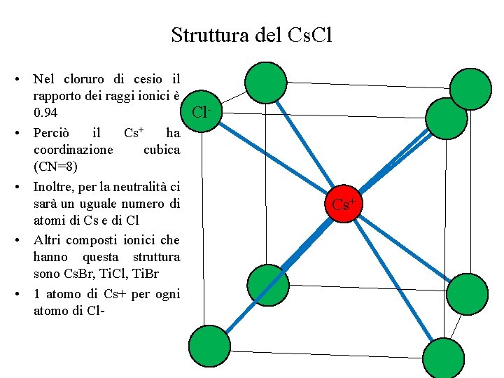 Struttura del Cs. Cl • Nel cloruro di cesio il rapporto dei raggi ionici