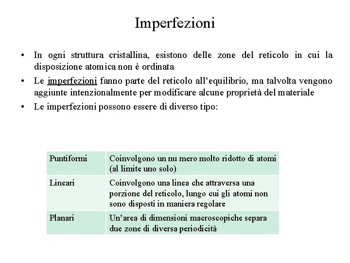 Imperfezioni • In ogni struttura cristallina, esistono delle zone del reticolo in cui la