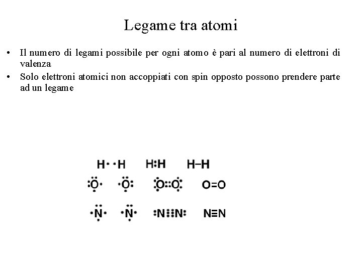 Legame tra atomi • Il numero di legami possibile per ogni atomo è pari