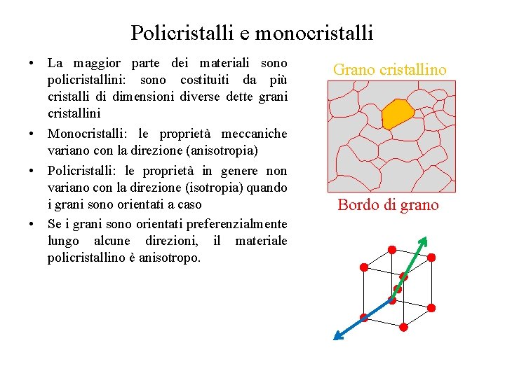 Policristalli e monocristalli • La maggior parte dei materiali sono policristallini: sono costituiti da