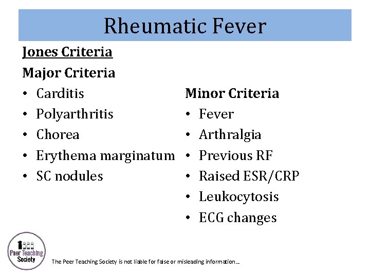 Rheumatic Fever Jones Criteria Major Criteria • Carditis • Polyarthritis • Chorea • Erythema