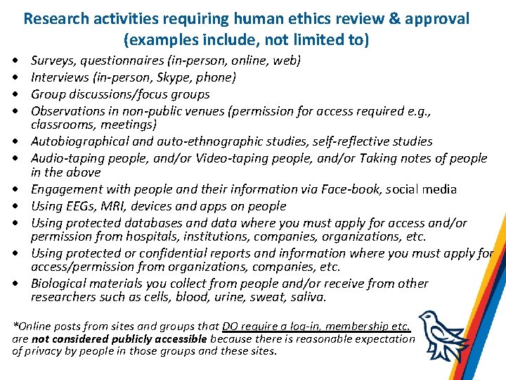 Research activities requiring human ethics review & approval (examples include, not limited to) Surveys,