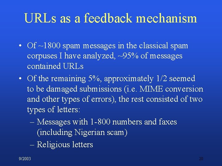URLs as a feedback mechanism • Of ~1800 spam messages in the classical spam