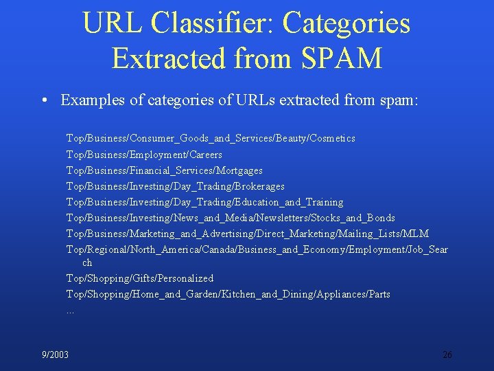 URL Classifier: Categories Extracted from SPAM • Examples of categories of URLs extracted from