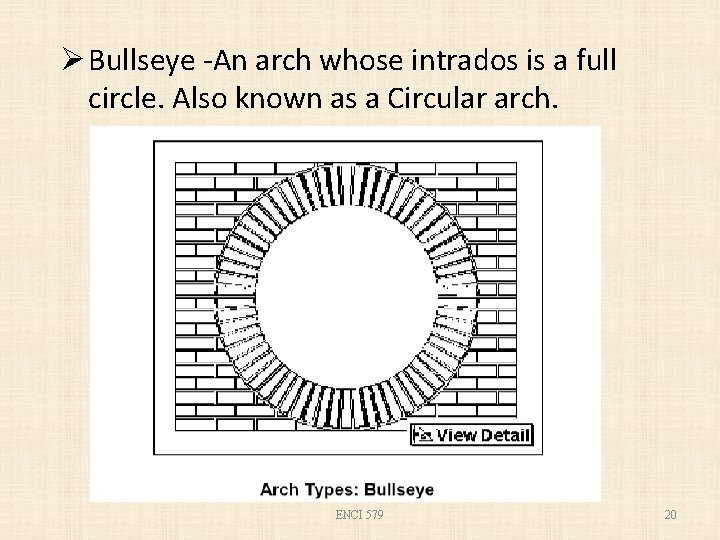 Ø Bullseye -An arch whose intrados is a full circle. Also known as a