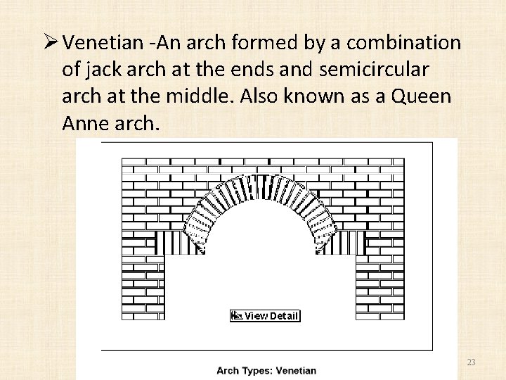 Ø Venetian -An arch formed by a combination of jack arch at the ends