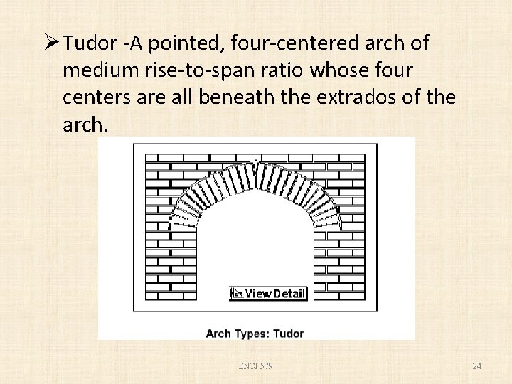 Ø Tudor -A pointed, four-centered arch of medium rise-to-span ratio whose four centers are